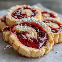 Freshly baked Raspberry Swirl Shortbread Cookies on a cooling rack with jam-filled centers.