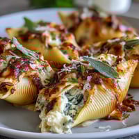 Golden, bubbling Pumpkin & Gouda Stuffed Shells rest in a creamy brown butter Alfredo sauce, garnished with crispy sage.