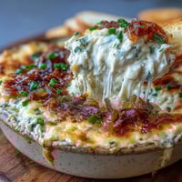 Creamy Smoked Gouda & Onion Dip bakes to a golden, bubbly finish, garnished with fresh chives and served warm.