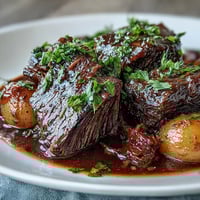 Fork-tender Beef Pot Roast with carrots and potatoes served over buttery egg noodles. 