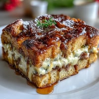 Golden-brown Monte Cristo Breakfast Casserole with powdered sugar and maple syrup on the side.