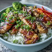 Golden-brown marinated chicken and crisp vegetables rest atop a fluffy bed of steamed white rice in this Chicken and Rice Bowl.