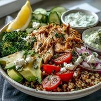 Freshly shredded rotisserie chicken nestled in a bowl of warm brown rice with colorful cherry tomatoes and avocado slices.