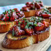 Fresh Strawberry Bruschetta with Balsamic and Mint: golden baguette slices topped with juicy strawberries, mint, and tangy balsamic drizzle.