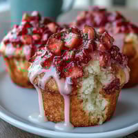 Golden strawberry lemon muffins topped with a glossy lemon glaze, perfect for a sunny breakfast or brunch.  