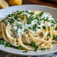 Creamy ricotta and lemon linguine with peas, a bright spring pasta dish tossed with fresh herbs and Parmesan.  