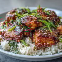 Slow cooker honey garlic chicken served over jasmine rice with a glossy sauce.