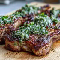 Juicy lamb chops grilled to perfection, topped with vibrant mint gremolata for a fresh Mediterranean flavor.