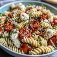 Vibrant summer pasta salad with cherry tomatoes, mozzarella, and fresh basil, drizzled with balsamic glaze.