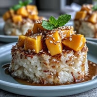 Sweet Coconut Mango Sticky Rice Cups overflowing with ripe, juicy mango.